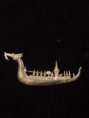 Vintage SIAM STERLING Thai Royal Dragon Barge Brooch Pin 2.5" Intricate Sterling